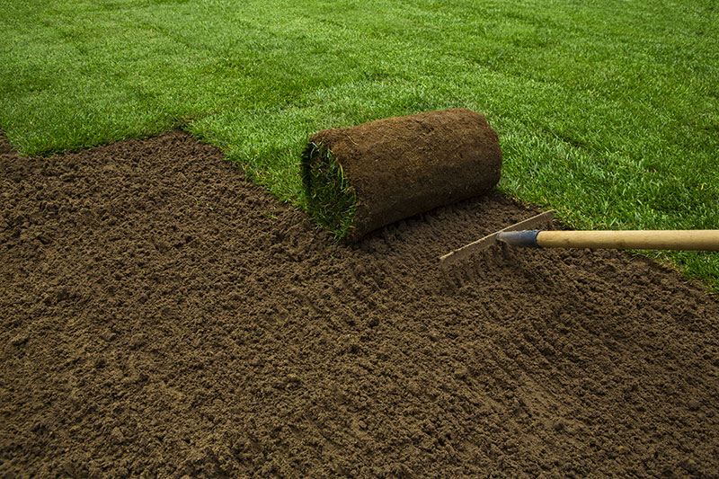 Preparing soil for turf installation with gardening tools and equipment