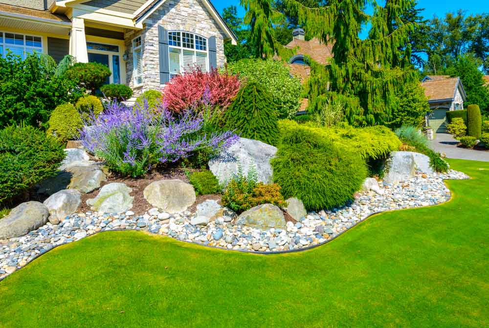 Landscaping with a combination of flowers and stones