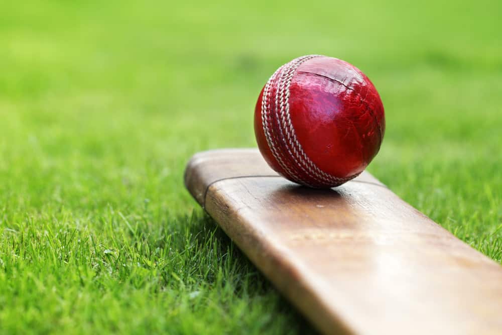 Cricket Ball And Bat On Cricket Pitch